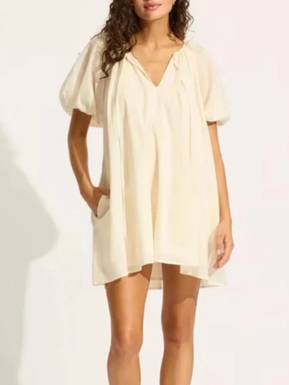New SEAFOLLY Mini Babydoll Dress Ecru Drawstring Pockets Cotton Sz 12 US Lined - Picture 2 of 6